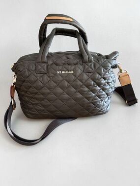 MZ Wallace Deluxe Mini Metro Tote Crossbody Magnet Gray Natural Leather Trim New